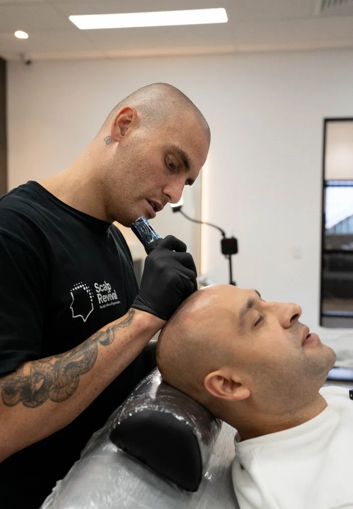 Jackson Cross performing scalp micropigmentation on a client