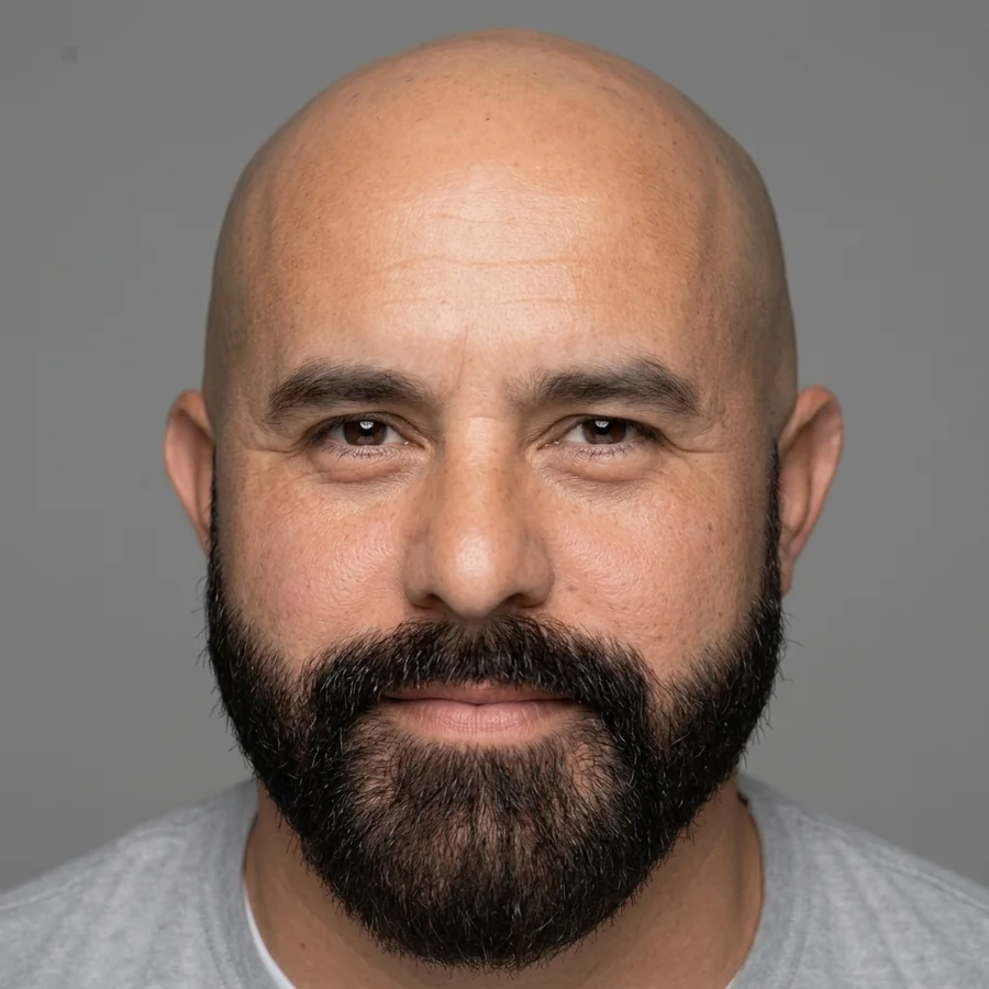Scalp Revival SMP result — bearded male client with full hairline restored